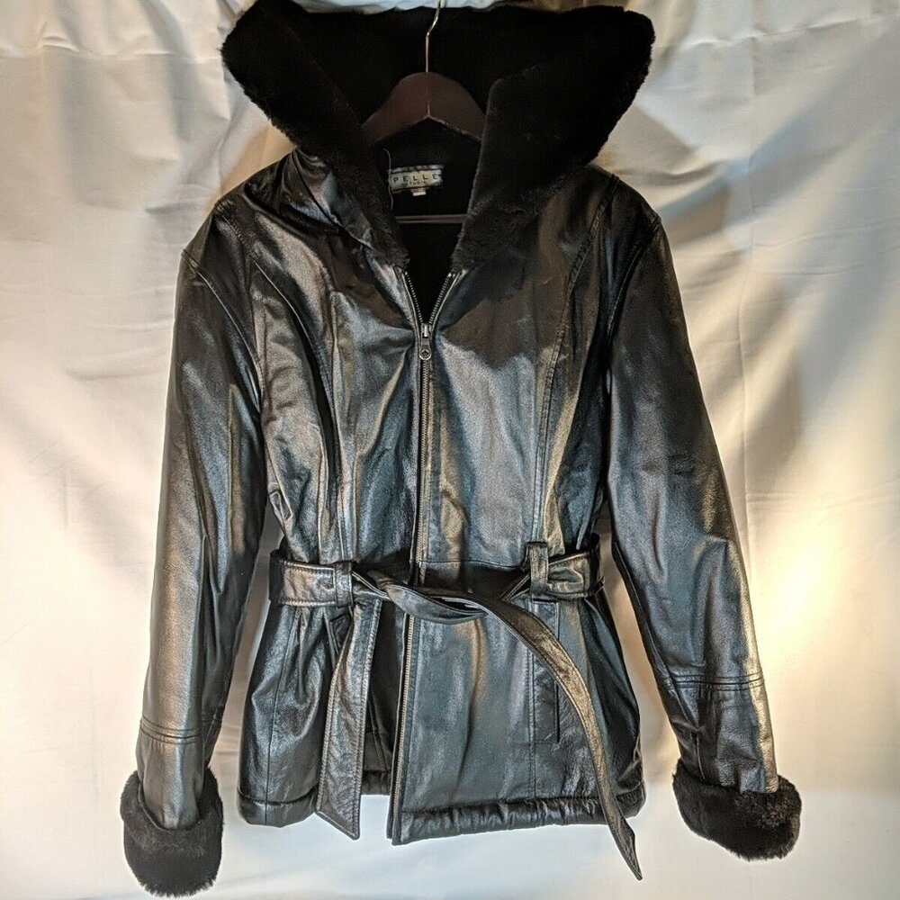 Pelle Leather Coat Faux Fur Lined Hooded Belted Women's S Small Full Zip Black